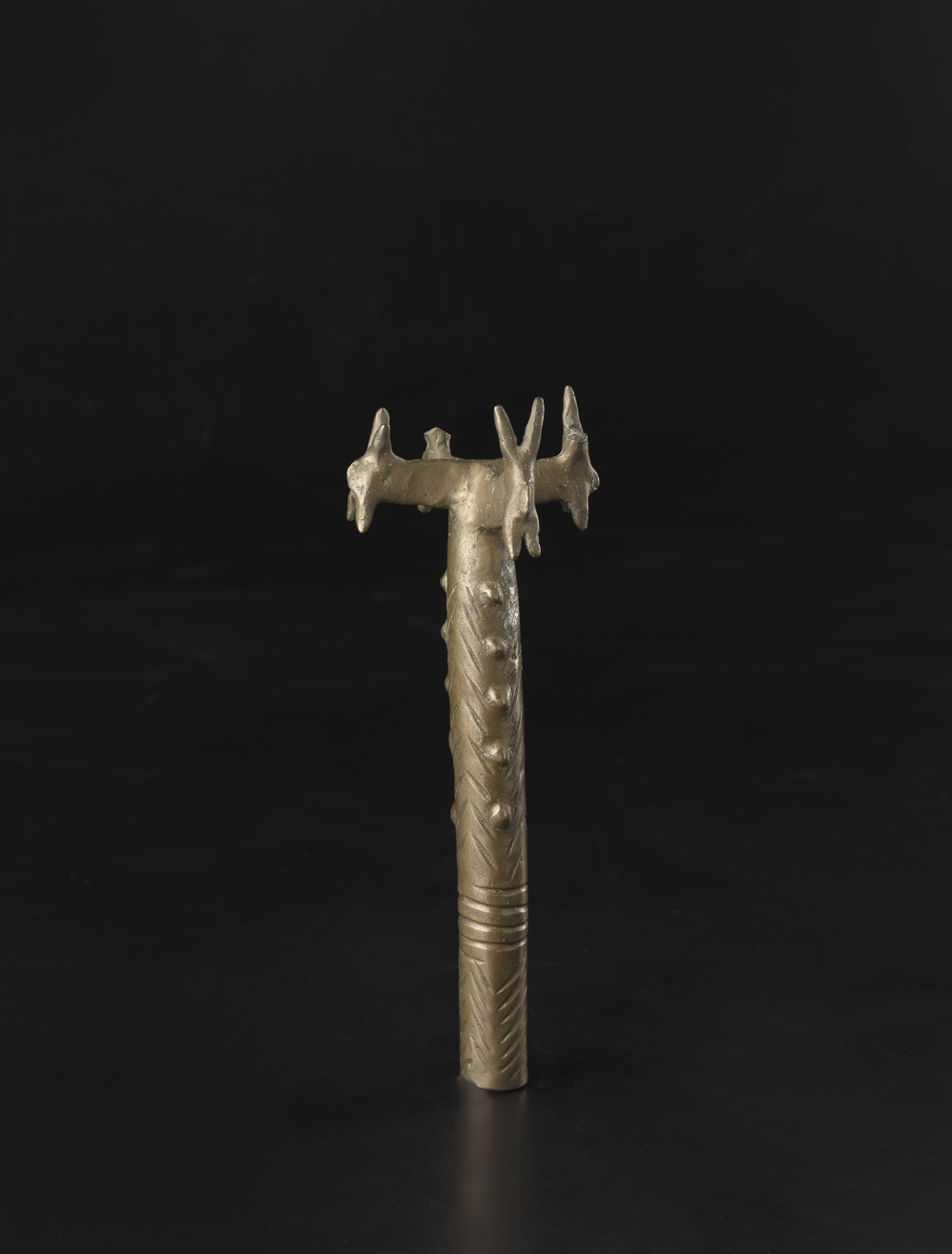 Copper scepter with Grooved Shaft and Four Horned Animal-Head Finials.