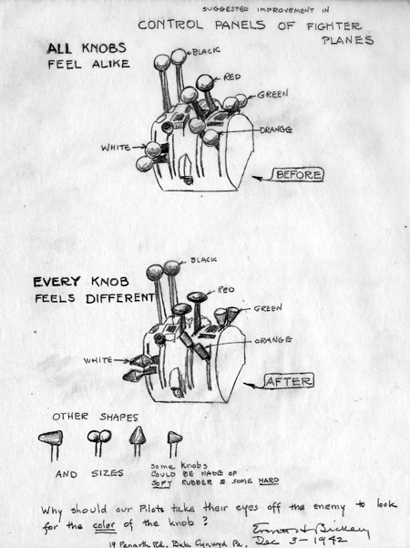 A pencil drawing, dated December 3, 1942, sketched by Everett Bickley, depicts improvements in fighter plane controls by making the knobs on each control stick a different shape and possibly different materials.