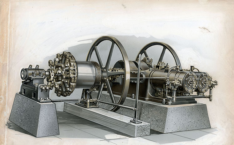 An air-brushed illustration of a large engine. The background has been removed with the air brush.