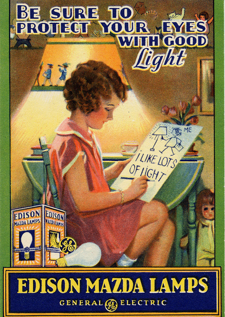 Illustration of a little girl drawing “I like lots of light” in a living room setting.