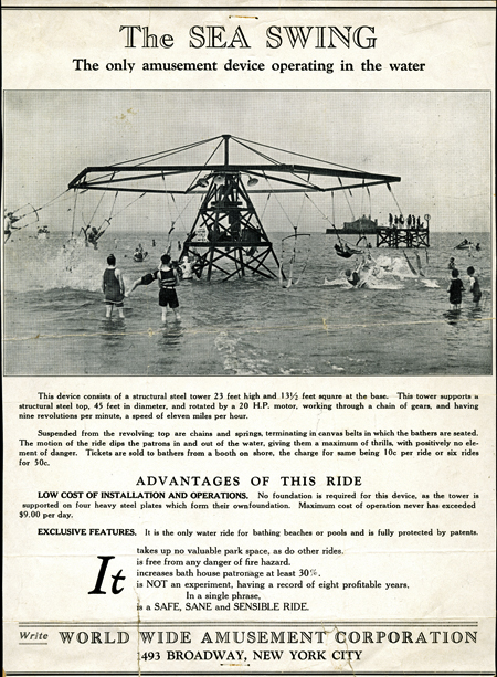 Printed brochure for “The Sea Swing—The Only Amusement Device Operating in the Water.” Includes a photo of people riding the swing.