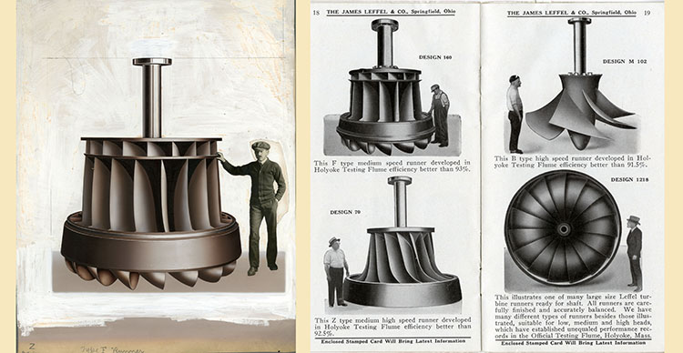 Composite image of (left) air brushing done on an photo of a man standing next to a turbine and (right) a catalog page of 4 similar images as they appeared in print.