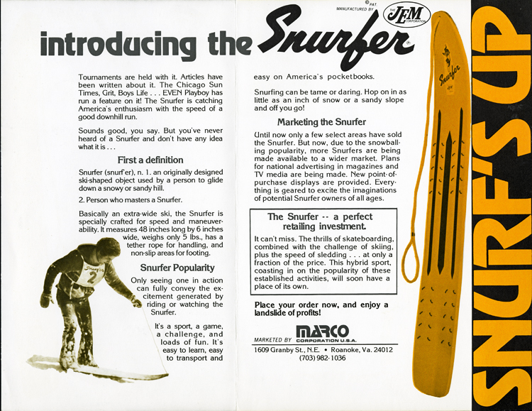 “Introducing the Snurfer” brochure, depicting an adult male on a Snurfer and reading, in part, “It’s a sport, it’s a game, a challenge, and loads of fun.”