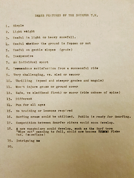 Typewritten list of sales features of the Snurfer. Highlights things like simple, inexpensive, and fun for all ages.