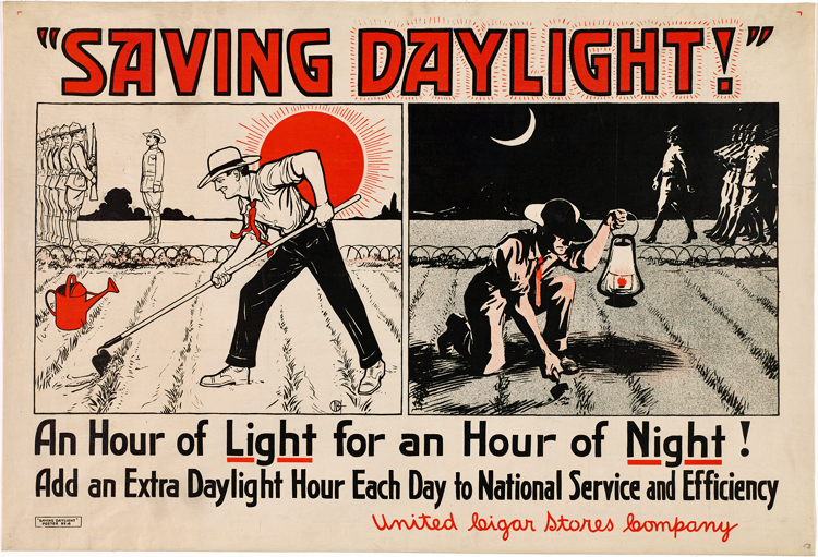 Cartoon-style poster with an image of a man tilling a field by daylight on the left and a man digging with a trowel by night on the right
