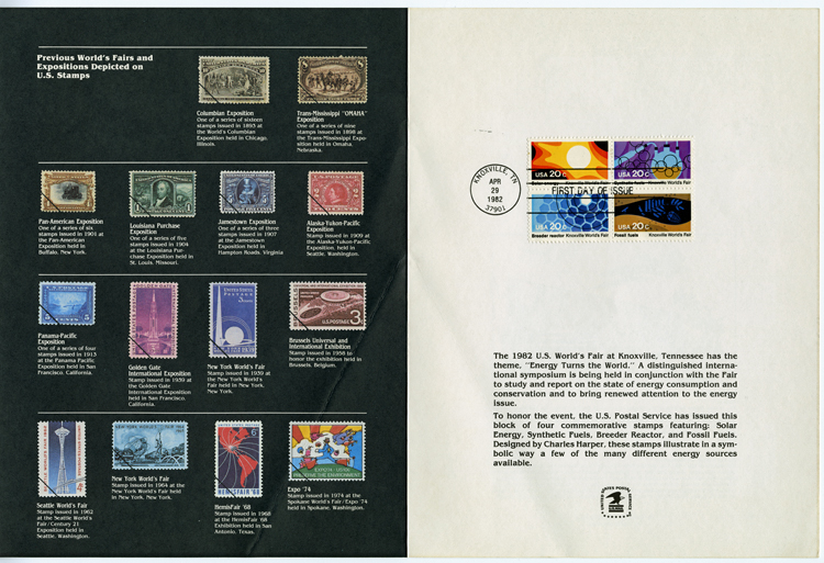 US Postal Service commemorative stamps booklet, 1982. On right are first-day-of-issue stamps depicting solar, nuclear, and fossil and synthetic fuels. On left are 14 stamps depicting a variety of earlier World's Fairs