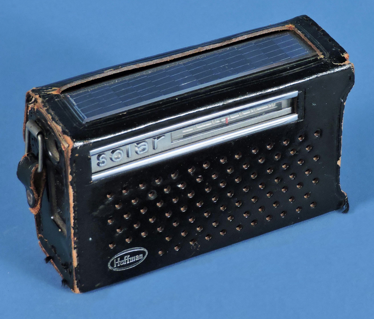 Hoffman model KP709XS transistor solar radio in leatherette carrying case, about 1962. Solar panels are on the top of the radio