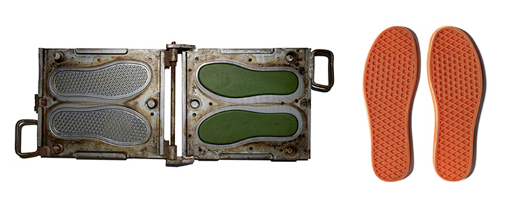 Composite image showing a two-part mold on the left and the finished waffle shoe sole on the right.