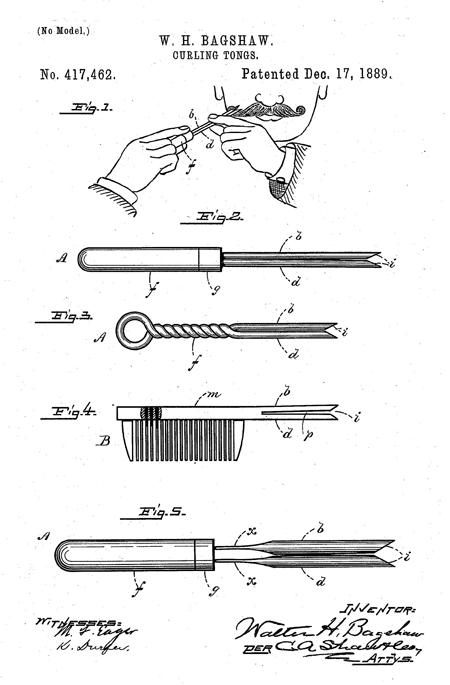 Figures from Walter Bagshaw patent for curling tongs