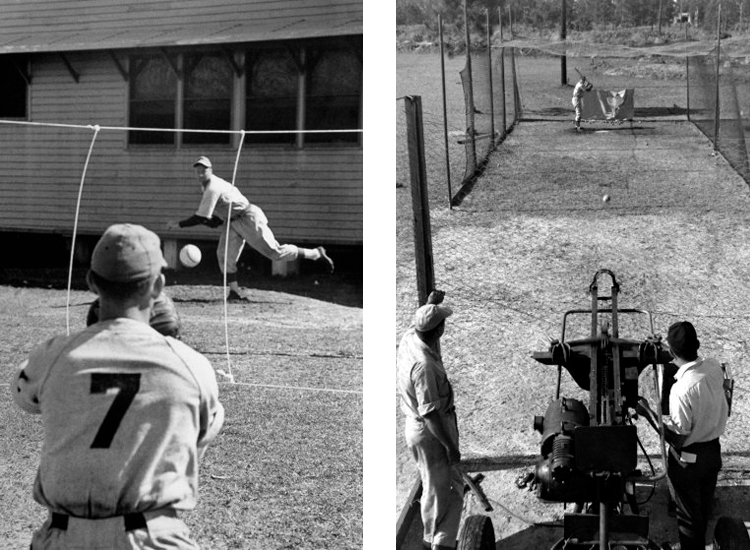 Stings delineating strike zone (left) and pitching machine in batting cage (right)