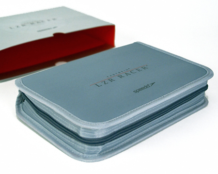 Zippered notebook-style packaging for LZR suit