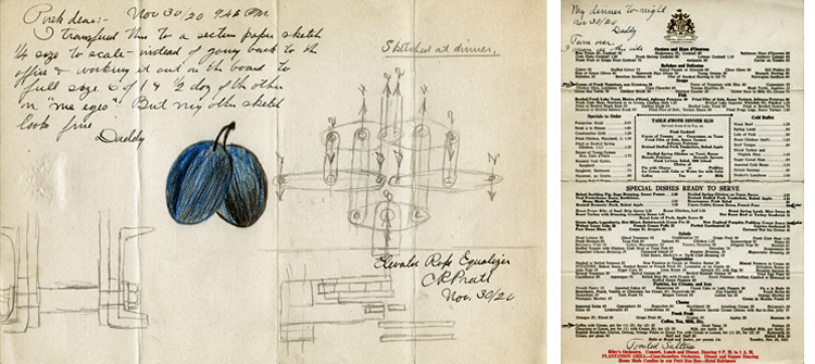 Pratts sketch (on the left) of his elevator rope equalizer on a Hotel Baltimore menu (right), dated 30 November 1920