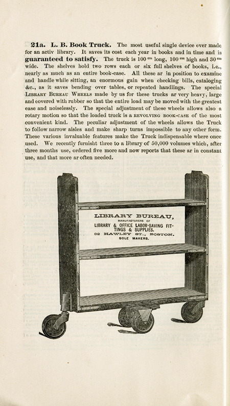 Illustration and description of the L.B. book truck, from the Library Bureau Catalog, 1885