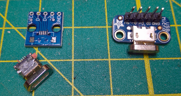 Two different types of micro USB breakout boards