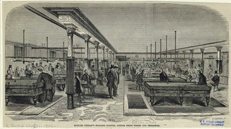 Engraving of at least 12 ornate billiard tables with well-dressed men playing the game. Other people are spectators. Caption on engraving identifies this as Michael Phelan's billiard saloons in New York City.