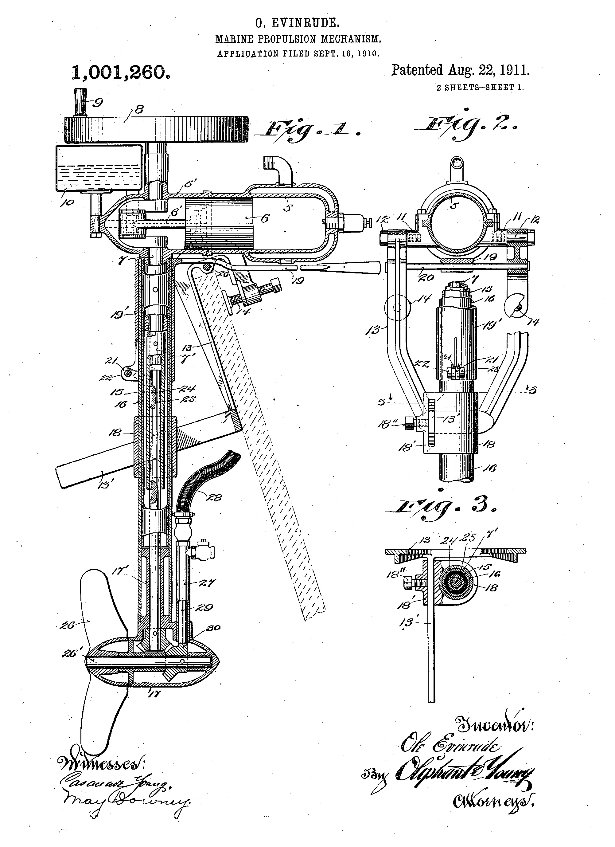 Patent drawing for “Marine Propulsion Mechanism” by Ole Evinrude.