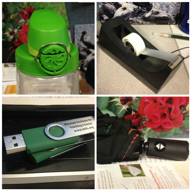 Items from the author's desk: water bottle, tape dispenser, umbrella, USB drive.