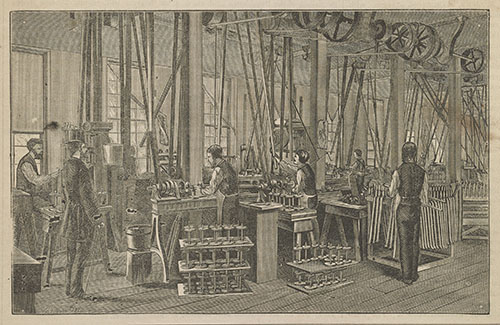 Sketch: Machining rear hubs for Pope’s Columbia brand bicycles, inside the Weed Sewing Machine Factory, 1881