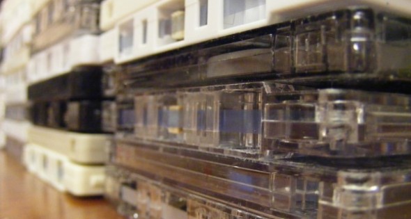 Up close look at a stack of cassette tapes