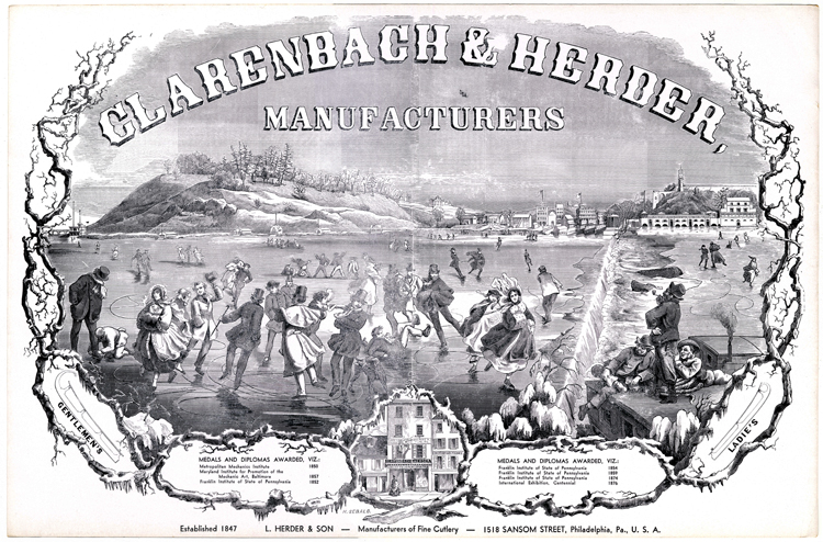 Advertisement for Clarenbach & Herder ice skates, post 1876