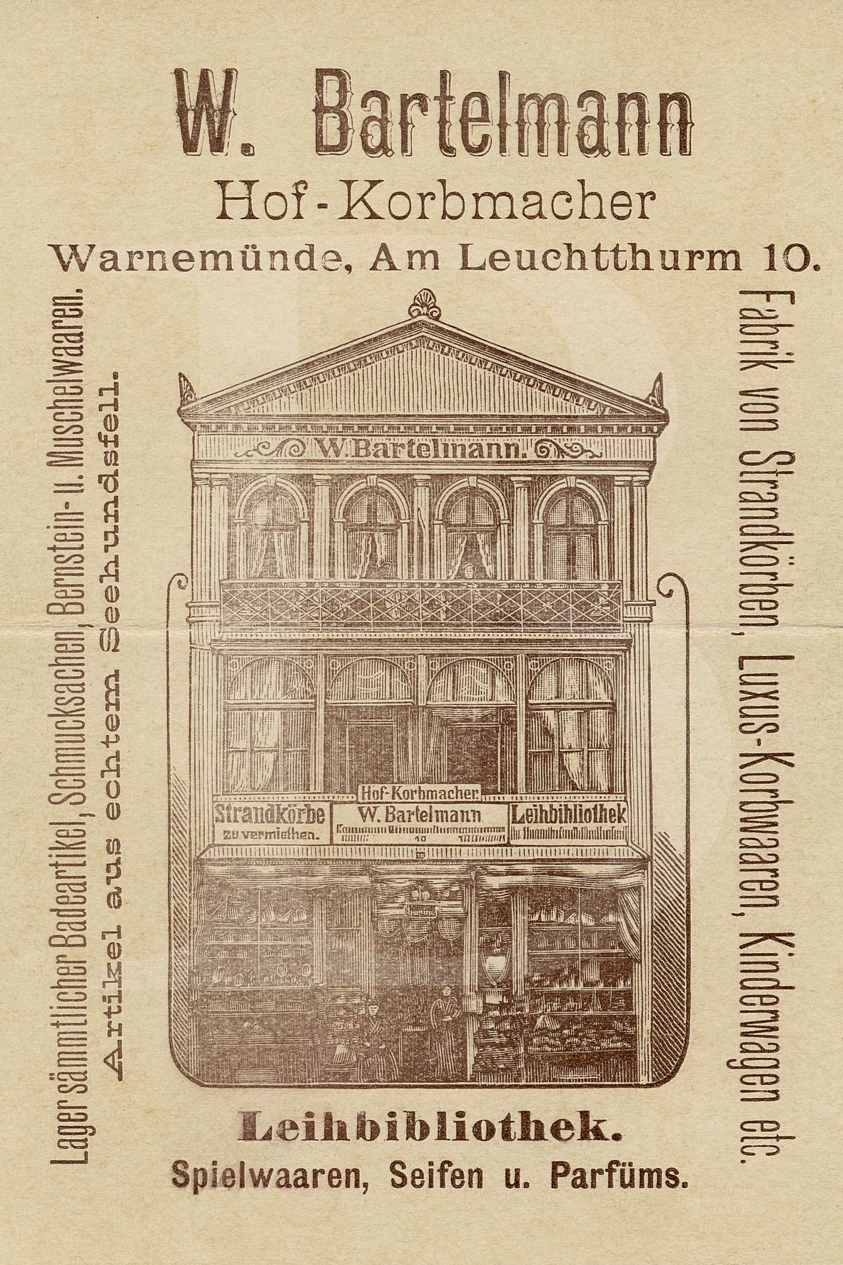Advertisement featuring German text and a drawing of the workshop and store for Bartelmann’s strandkorb business. Image courtesy of Bartelmann.com.