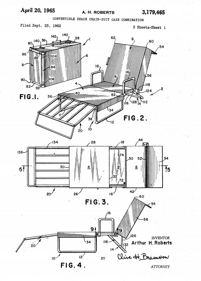 Image of drawing of patent for Convertible Beach Chair-Suit Case Combination