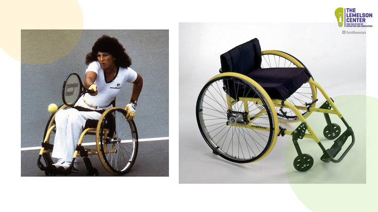 Screenshot of the digital presentation for Innovative Lives: Marilyn Hamilton featuring an image of Marilyn playing tennis in her wheelchair and a separate image of her yellow 'quickie' wheelchair.