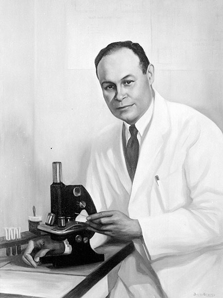 Portrait painting of Charles Drew, wearing a lab coat and holding a microscope