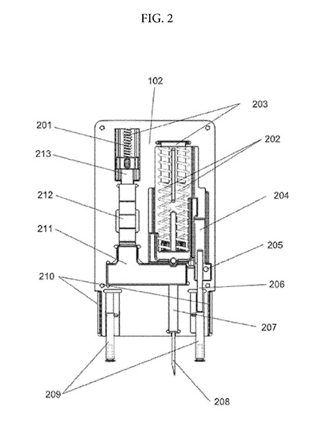 Patent application figure showing auto-injector components arrayed in a rectangular case.