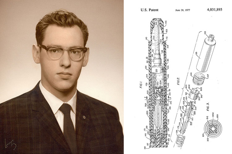 Composite image of formal head-and-shoulders photo of Sheldon Kaplan (left) and a drawing from his US patent (right) showing the components of his auto-injector