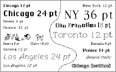 Graphic layout of several early Macintosh fonts, including Monaco, Chicago, Geneva, San Francisco, New York, Toronto, Venice, and Los Angeles. 