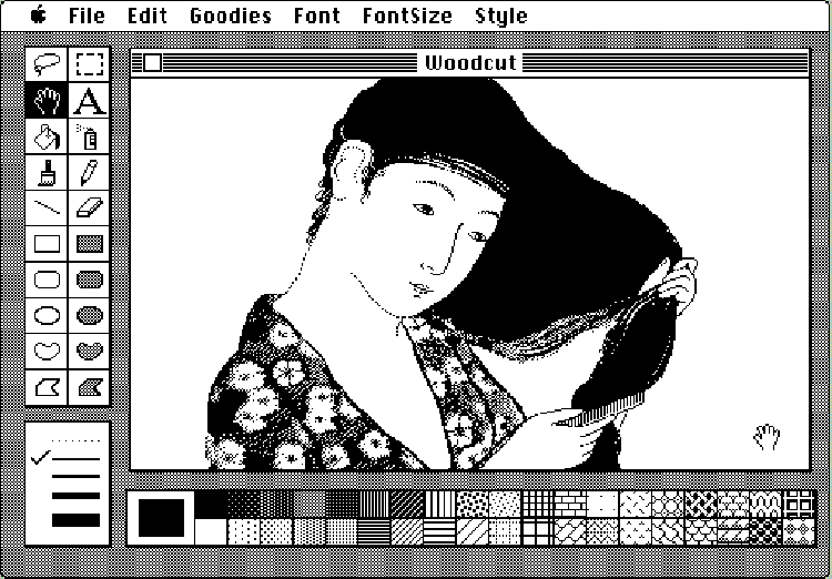 A screenshot from the MacPaint program, depicting a Japanese woman in profile and wearing a kimono, brushing her long hair. A standard menu bar is at the top. Photo editing tools are in the left panel. Pattern choices are in the bottom panel.