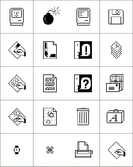 A grid containing 20 Macintosh icons, including the Happy Map, the bomb denoting a sky failures, a printer, a watch, the trash can, and several others. 
