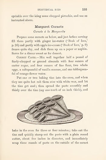Cookbook page with illustration of ten ice cream cones on a plate, stacked in a pyramid shape.