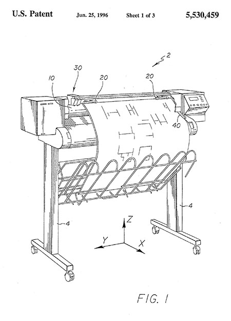 Patent drawing of a large printer feeding continuous paper