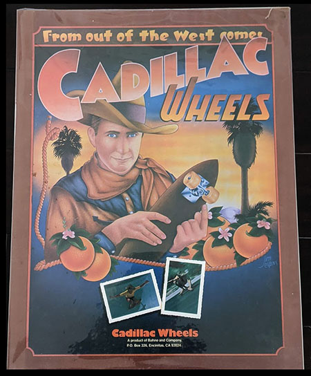 Color illustration of a 1950s-style cowboy, holding a skateboard, with palm trees in the background and oranges with orange blossoms attached and two photos of skateboarders doing tricks in the foreground.