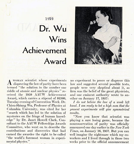 Magazine article page, “Dr. Wu Wins Achievement Award,” with inset photo of Wu speaking at a podium