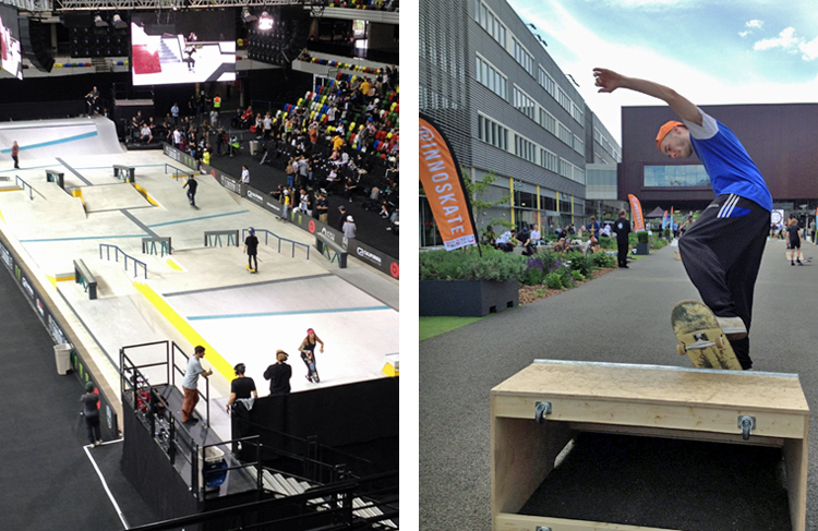 Side-by-side photos. Left: An overhead view of a stadium floor with multiple ramps and skaters performing tricks. Right: A skateboarder mid-trick, arms extended, with his board straddling the edge of an obstacle.