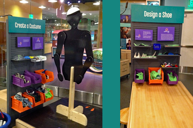 Two photos side-by-side. On the left, an articulated human cutout on a stand is next to a wall of bins with materials to “Create a Costume.” On the right, a wall of bins with materials to “Design a Shoe.”
