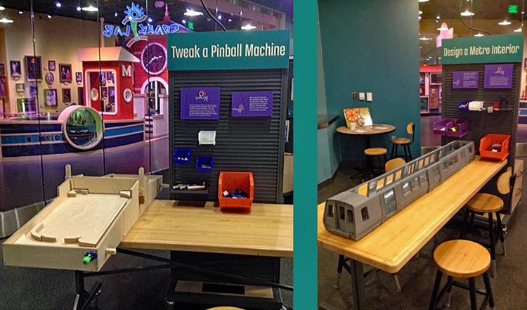 Two photos side-by-side. On the left, a wall of bins with materials and two handmade pinball machines at a work table to “Tweak a Pinball Machine.” On the right, a wall of bins with materials and a model subway train to “Design a Metro Interior.”