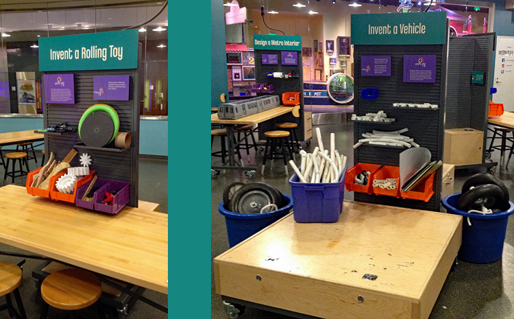 Two photos side-by-side. On the left, a wall of bins with materials at a work table to “Invent a Rolling Toy.” On the right, a wall of bins with materials, plastic tubing, and large wheels to “Invent a Vehicle.”