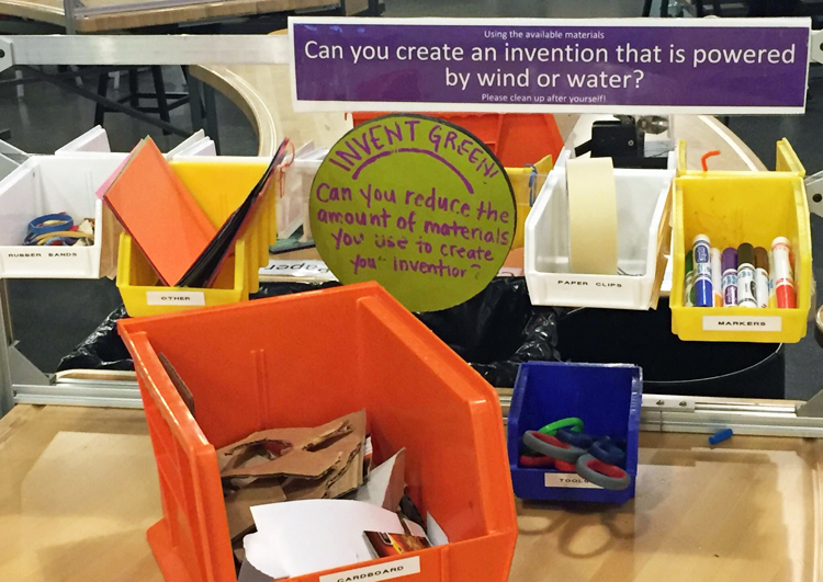 Several bins of craft materials for kids to invent something powered by wind or water