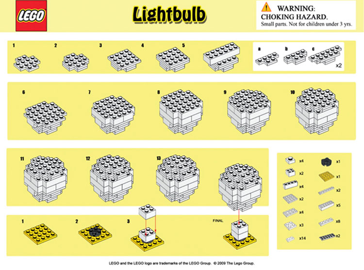 Instruction sheet for building a LEGO light bulb
