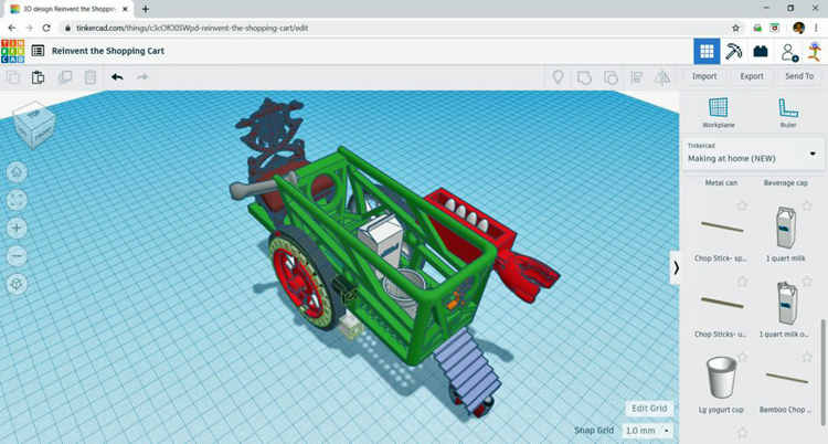 Tinkercad computer screen with shopping cart components in sidebar
