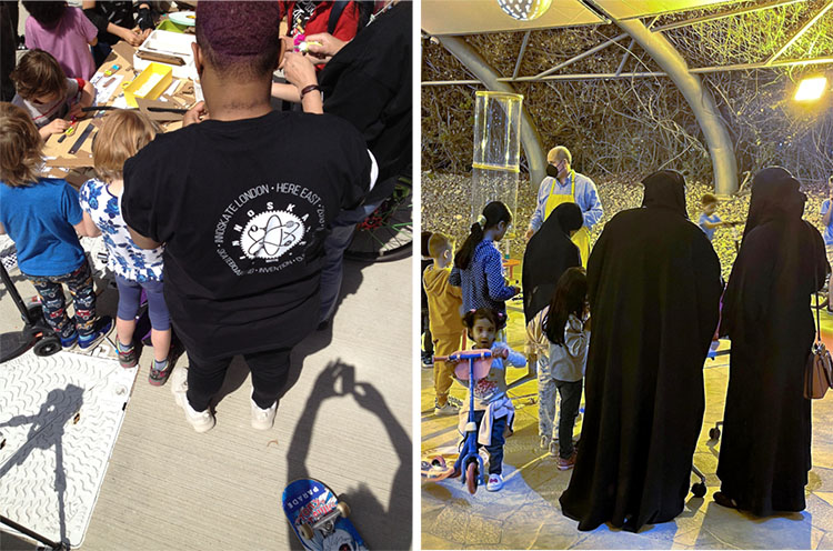 Composite image: (left) children and an adult working on invention activity in London; (right) women in traditional dress and children working on invention activity in Doha, Qatar.