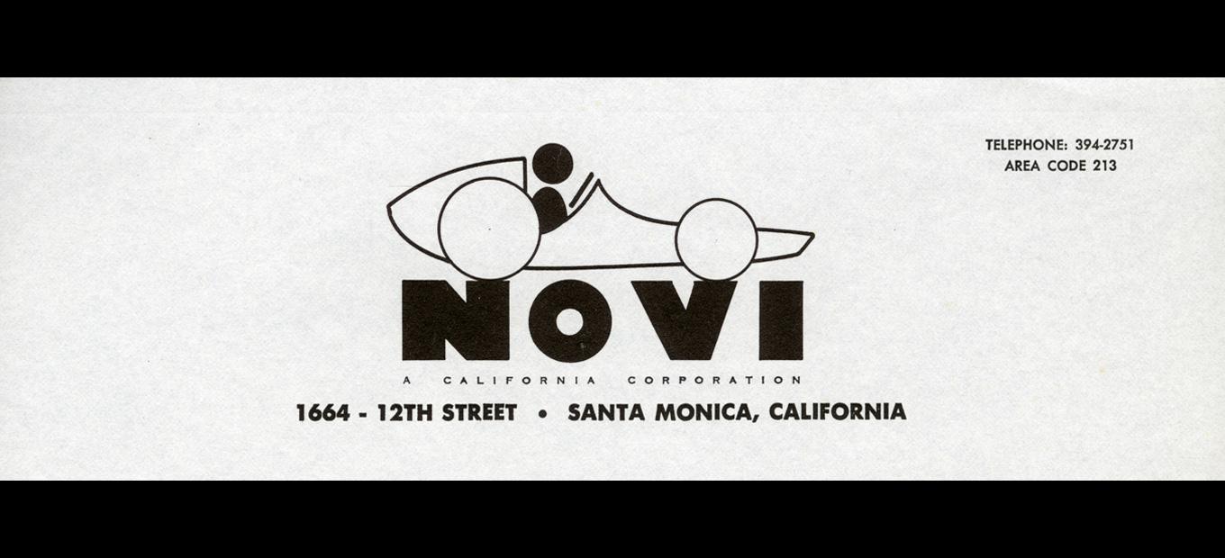 Letterhead showing stylized outline drawing of a race car with driver and “Novi” and address