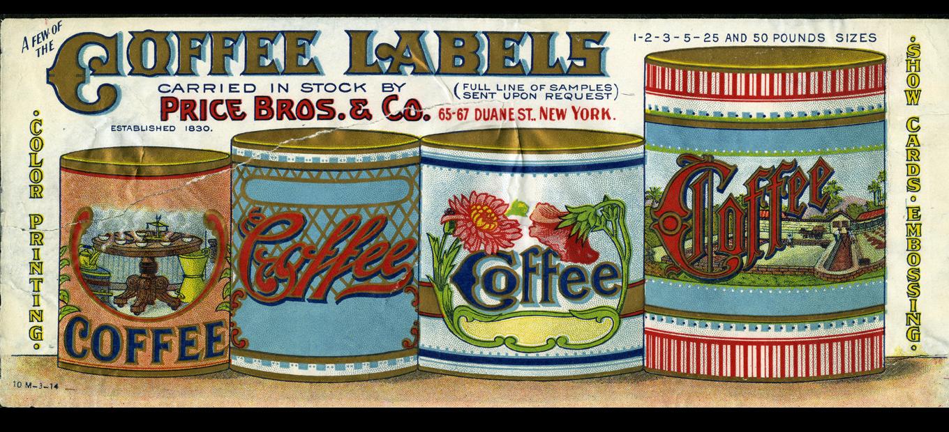 Lithograph color coffee labels by Price Bros. and Co.
