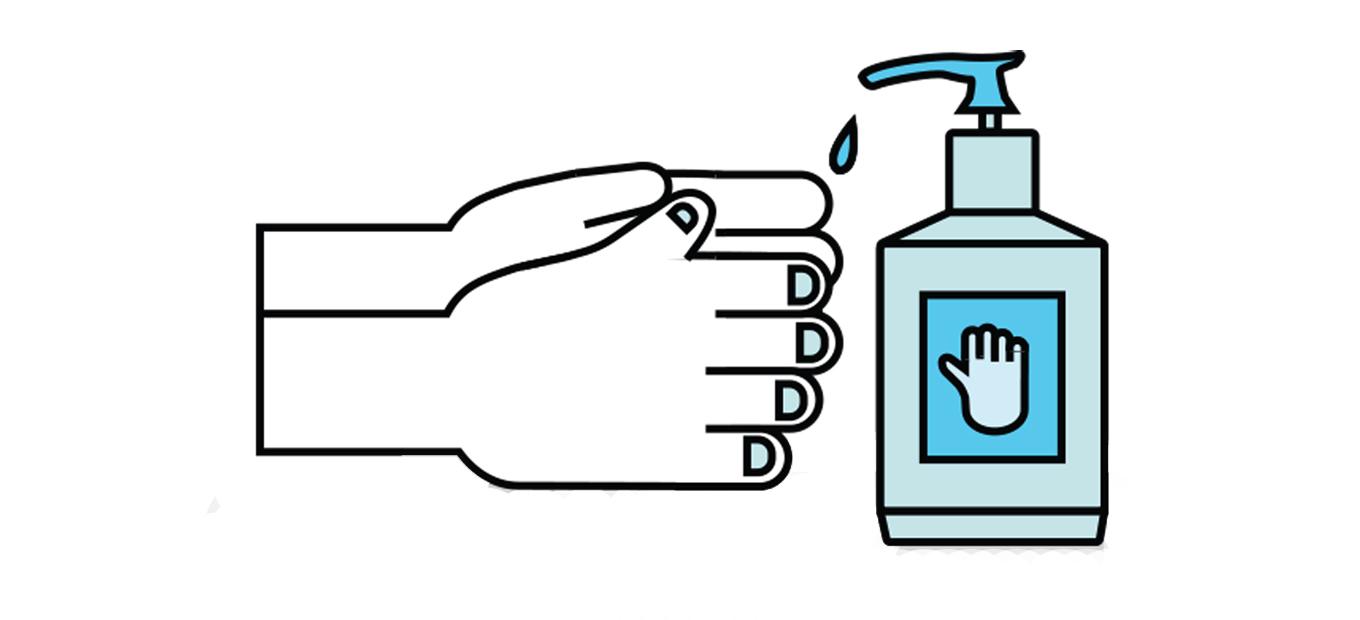 Cartoon-style drawing of two hands using hand sanitizer