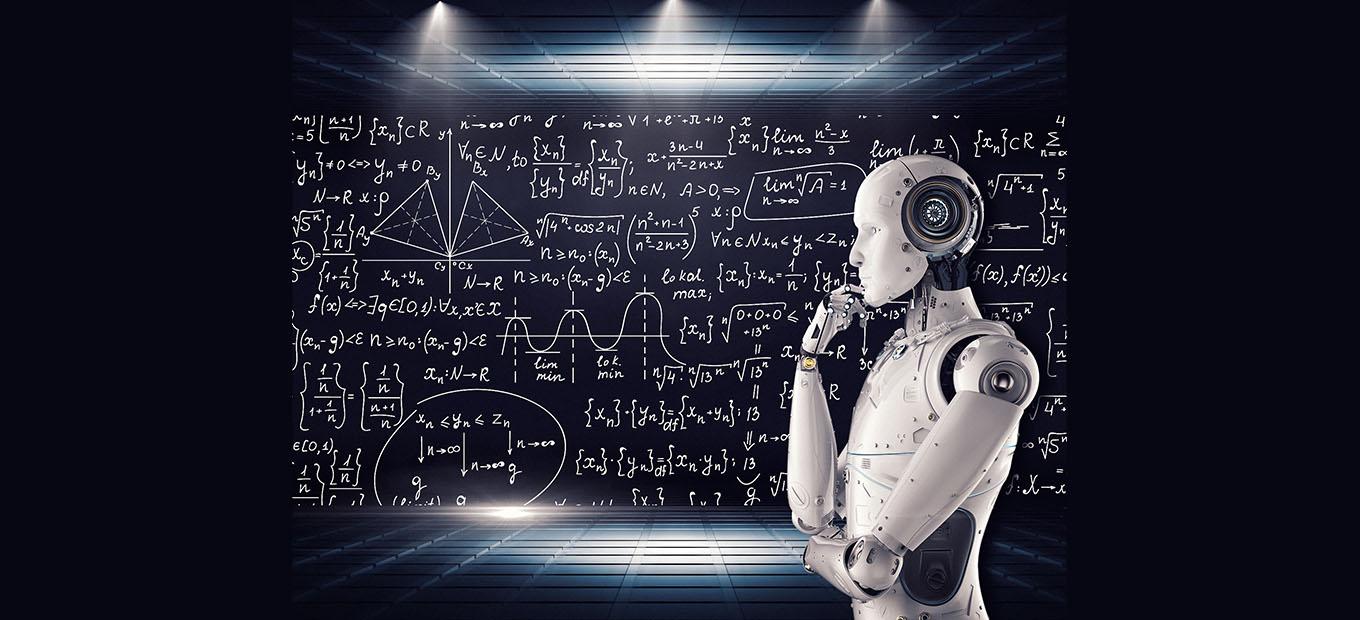 Drawing of a humanoid robot contemplating a blackboard covered in mathematical equations.