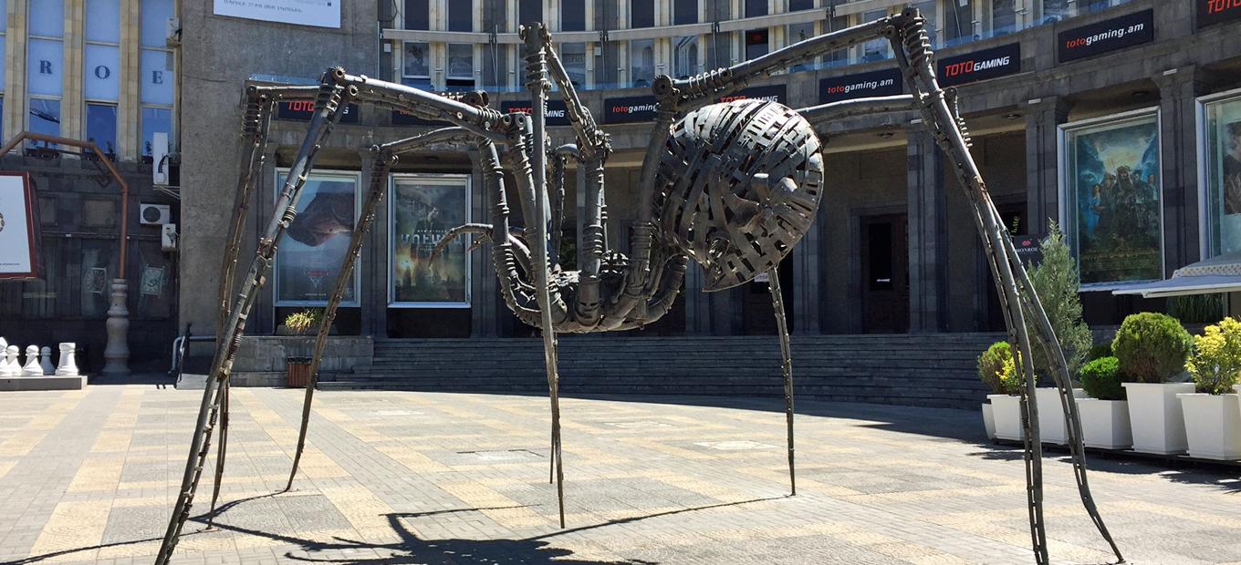 Giant spider sculpture by Ara Alekyan, installed outside Moscow Cinema in Yerevan, Armenia